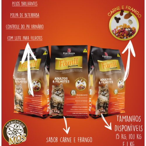 Ração Fãmil Premium Gatos Adultos e Filhotes Sabor Carne e Frango - Nutri  Patas